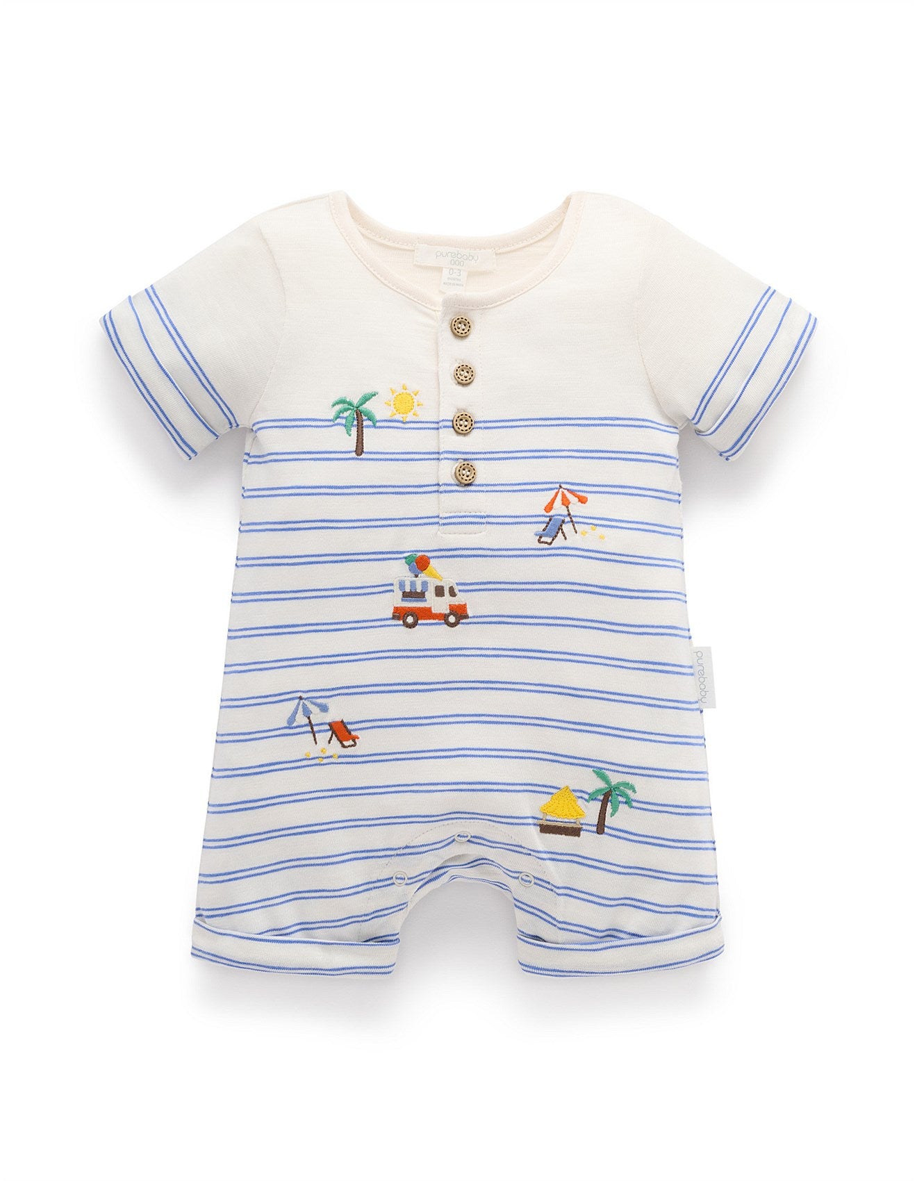 Pacific Mini Stripe Resort Growsuit by Purebaby—organic cotton with henley neckline, snap leg closures, and rolled cuffs