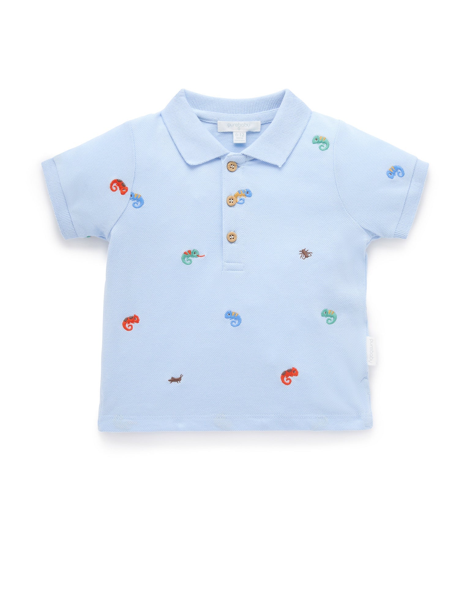 Chameleon Polo in organic cotton pique with all-over embroidery detail and ribbed collar
