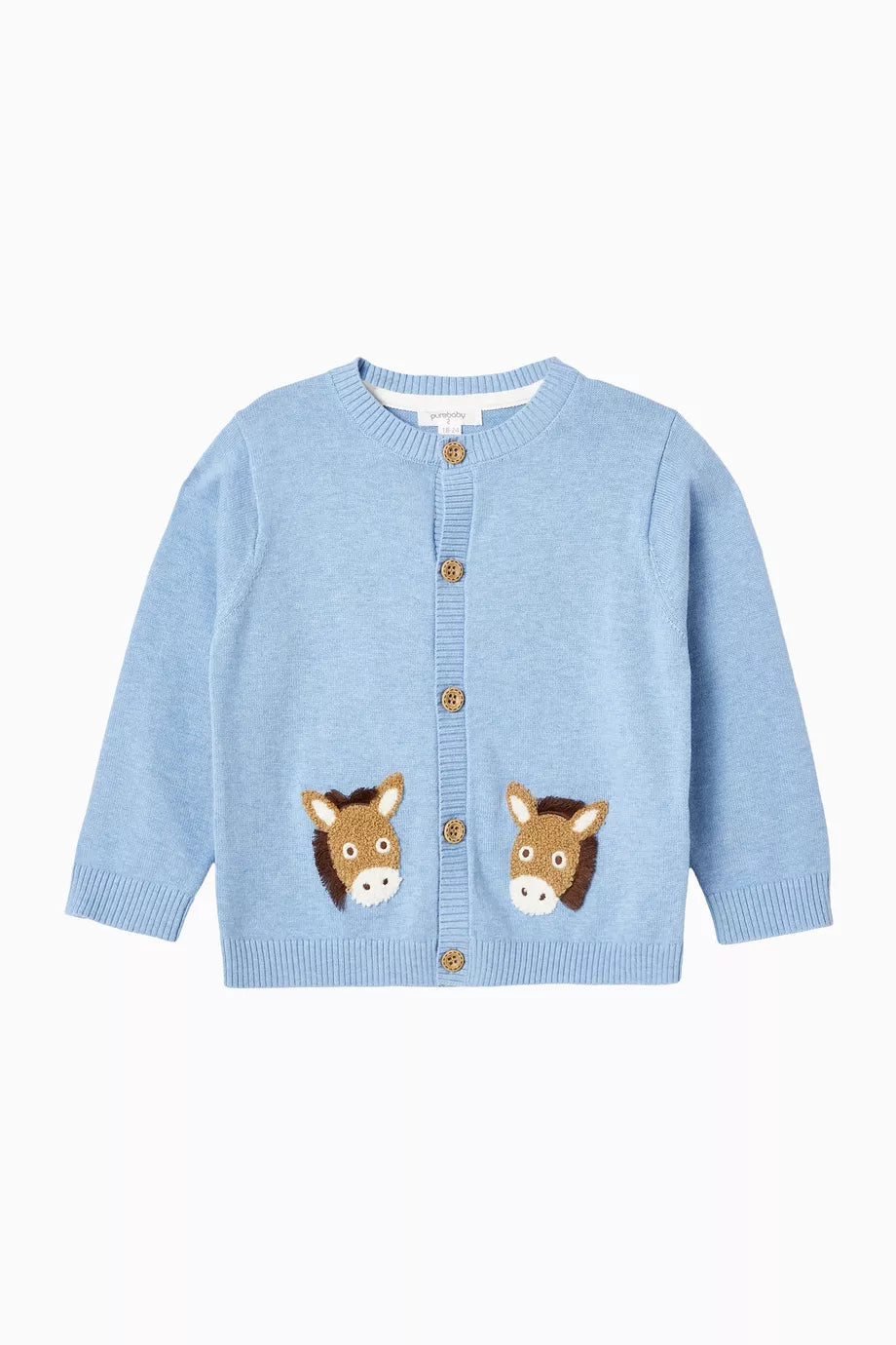 Caribbean Melange cardigan with fluffy animal embroidery, wood buttons, and ribbed trims—Purebaby quality for refined layerin