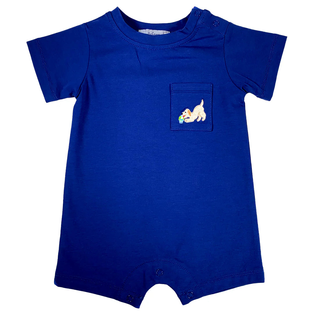 Navy knit romper with embroidered pup and ice cream detail, shoulder snaps, relaxed fit