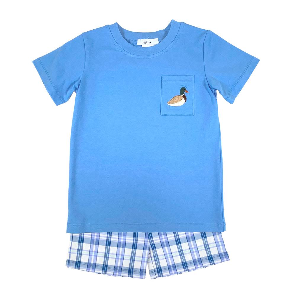 Ishtex Mallard Shorts Set: sky-blue knit top with embroidered mallard detail and coordinating blue plaid shorts