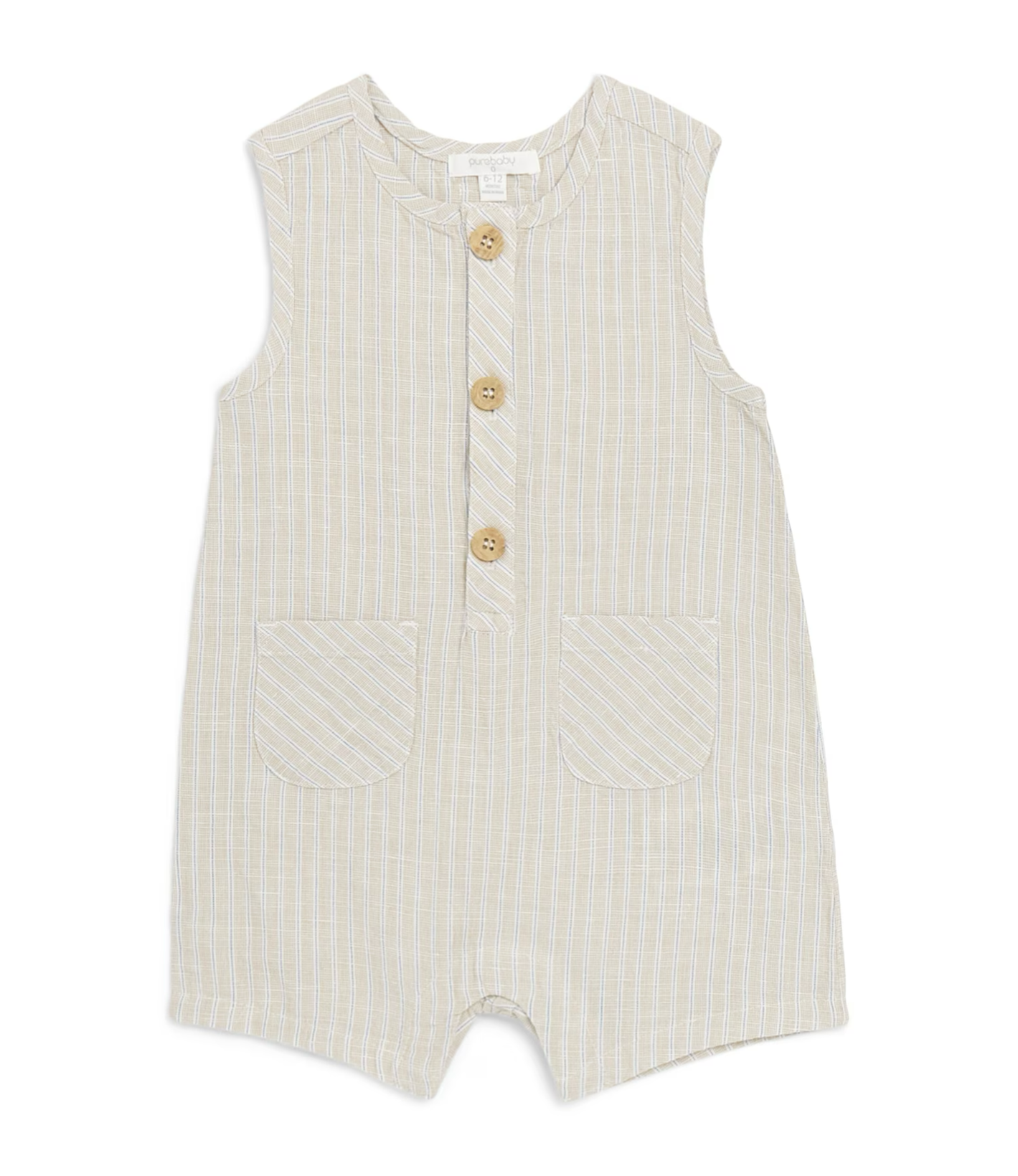 Taco Stripe linen blend romper by Purebaby Organic with henley neckline and snap closures