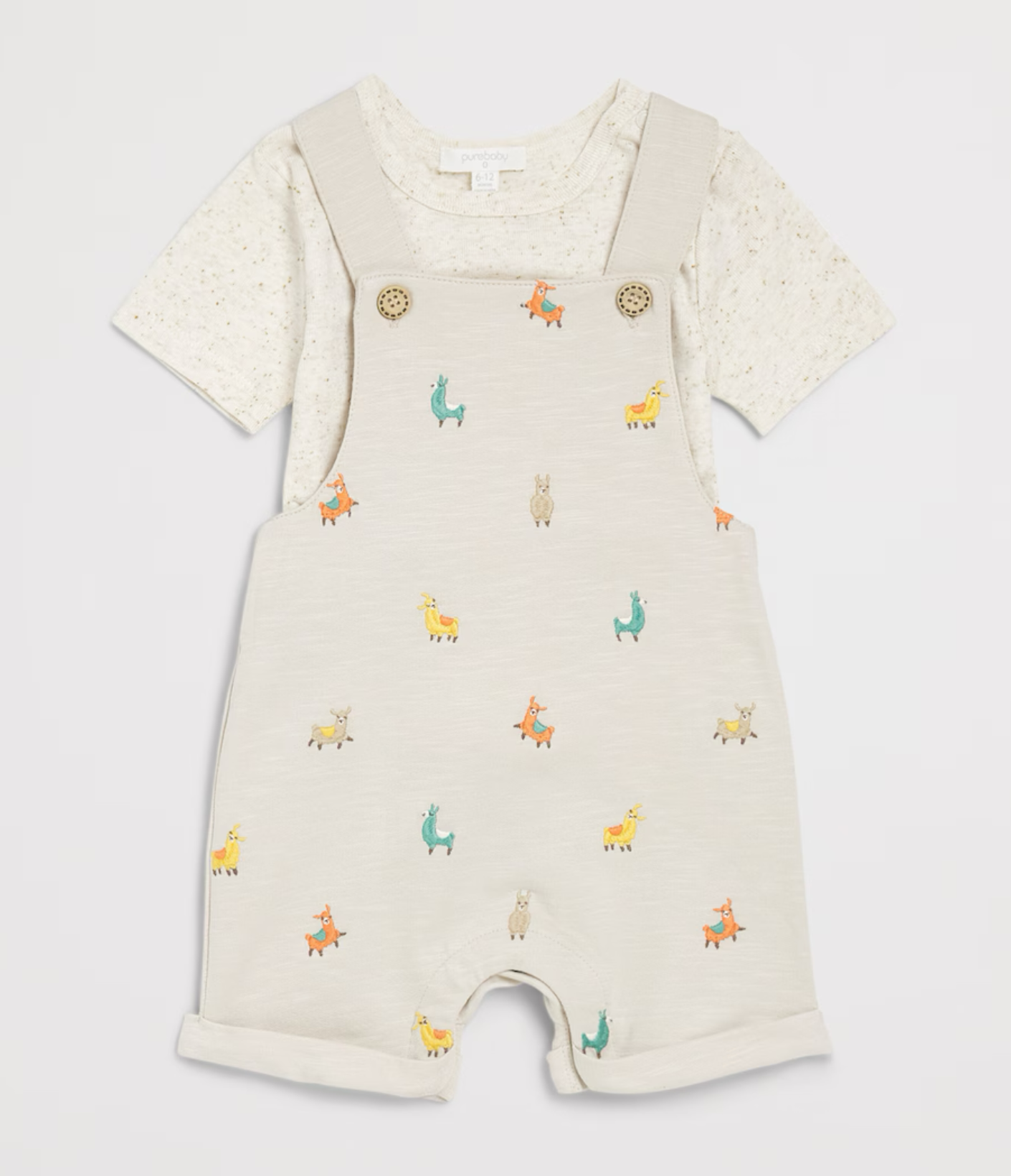 Llama Broderie Overall and Tee Set by Purebaby in organic cotton with adjustable cross-over straps