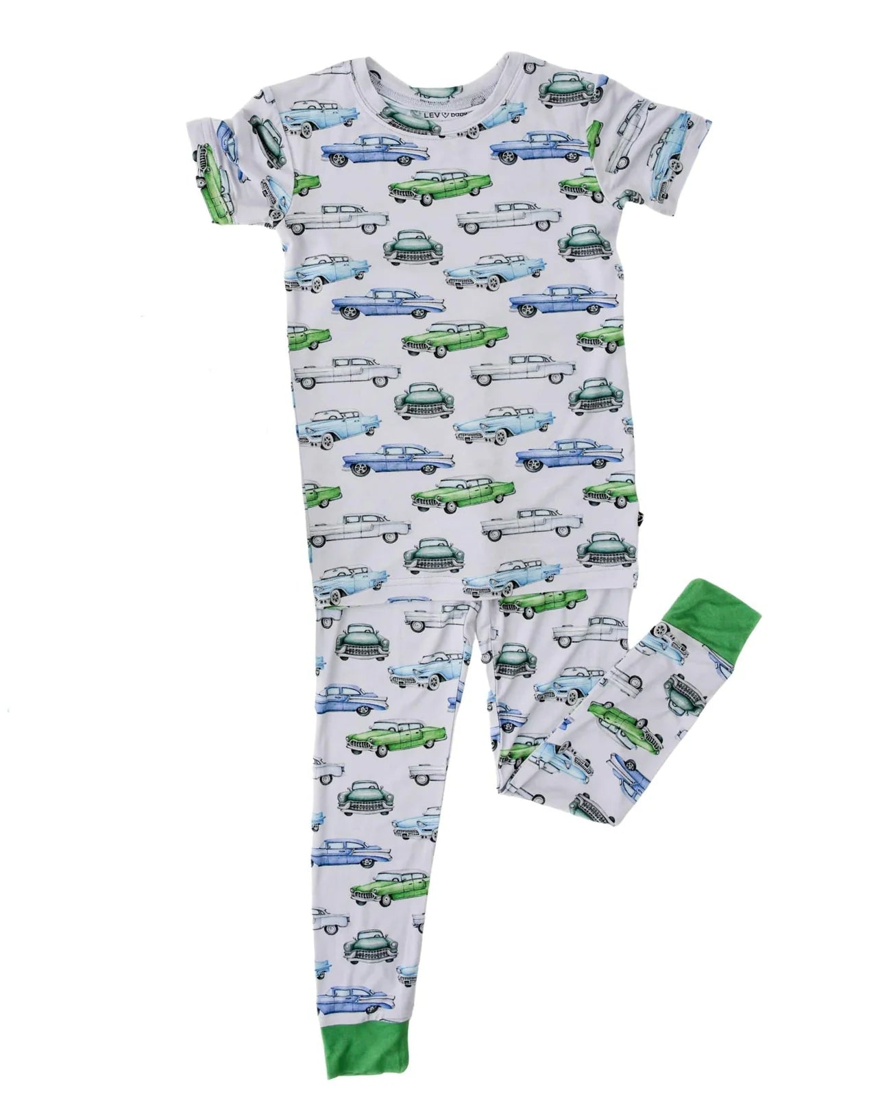 Elvis 2 Piece Lounge Set in soft grey with chrome fins and classic cars, organic bamboo pajamas by Lev Baby