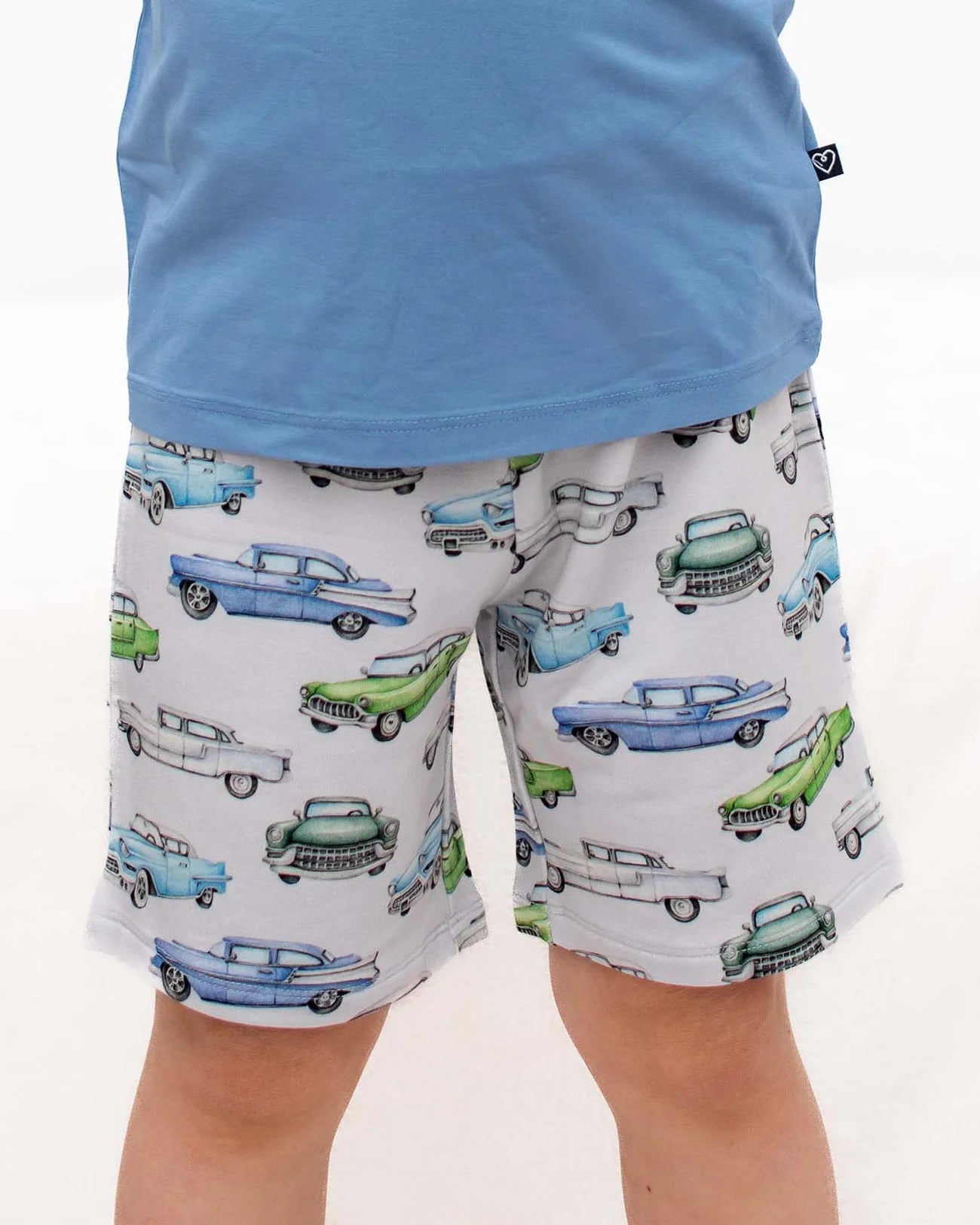 Elvis Terry Shorts in soft grey with hand-illustrated chrome fins and vintage cars, by Lev Baby