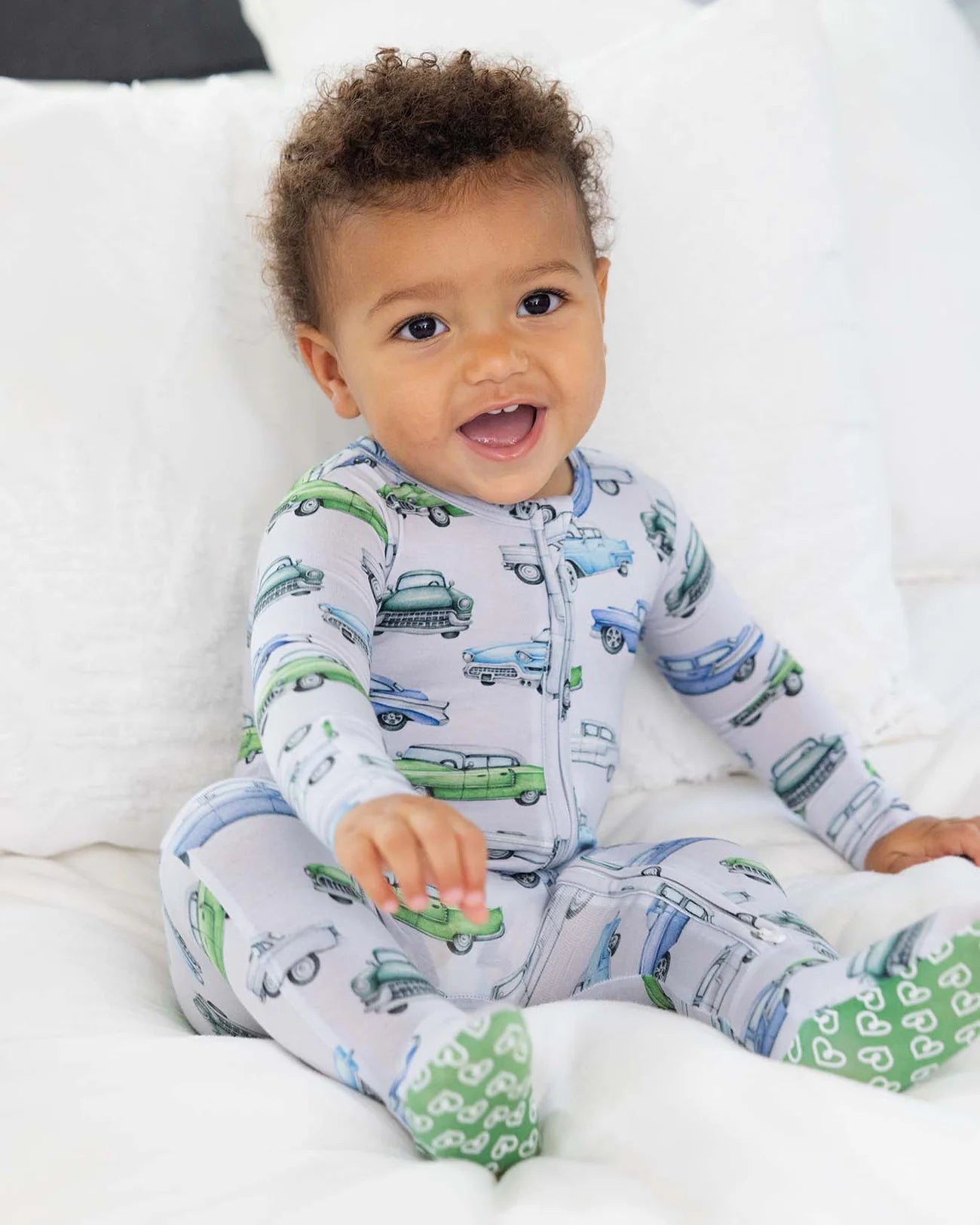 Elvis Zippered Footie by Lev Baby in soft viscose bamboo with heart-gripped footies and dual zipper closure