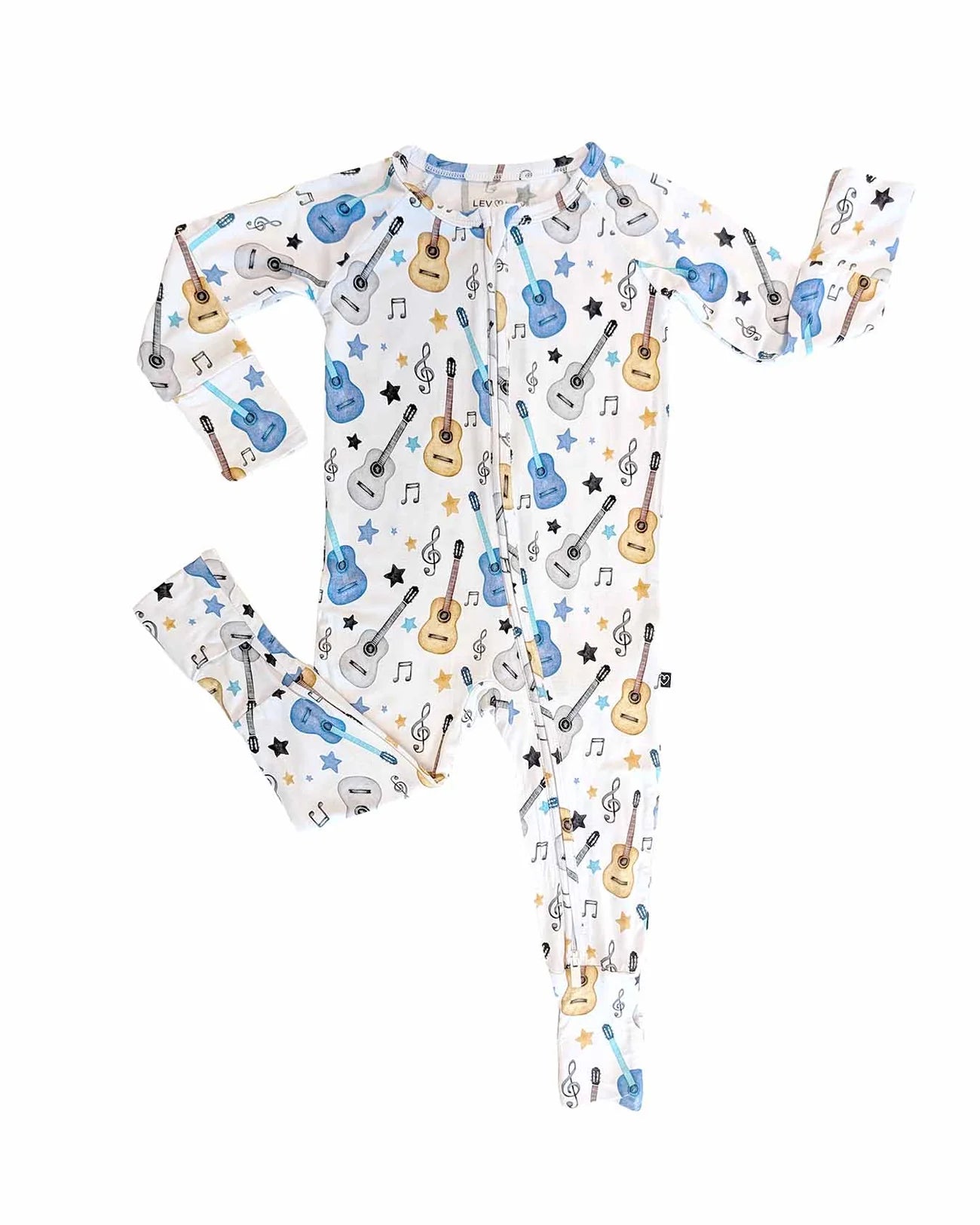 Brad Poppy Convertible Romper in organic bamboo with hand-illustrated acoustic guitar print on blue