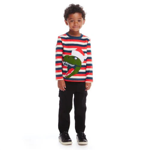 Andy & Evan, LS Multi Stripe-Santa Dino