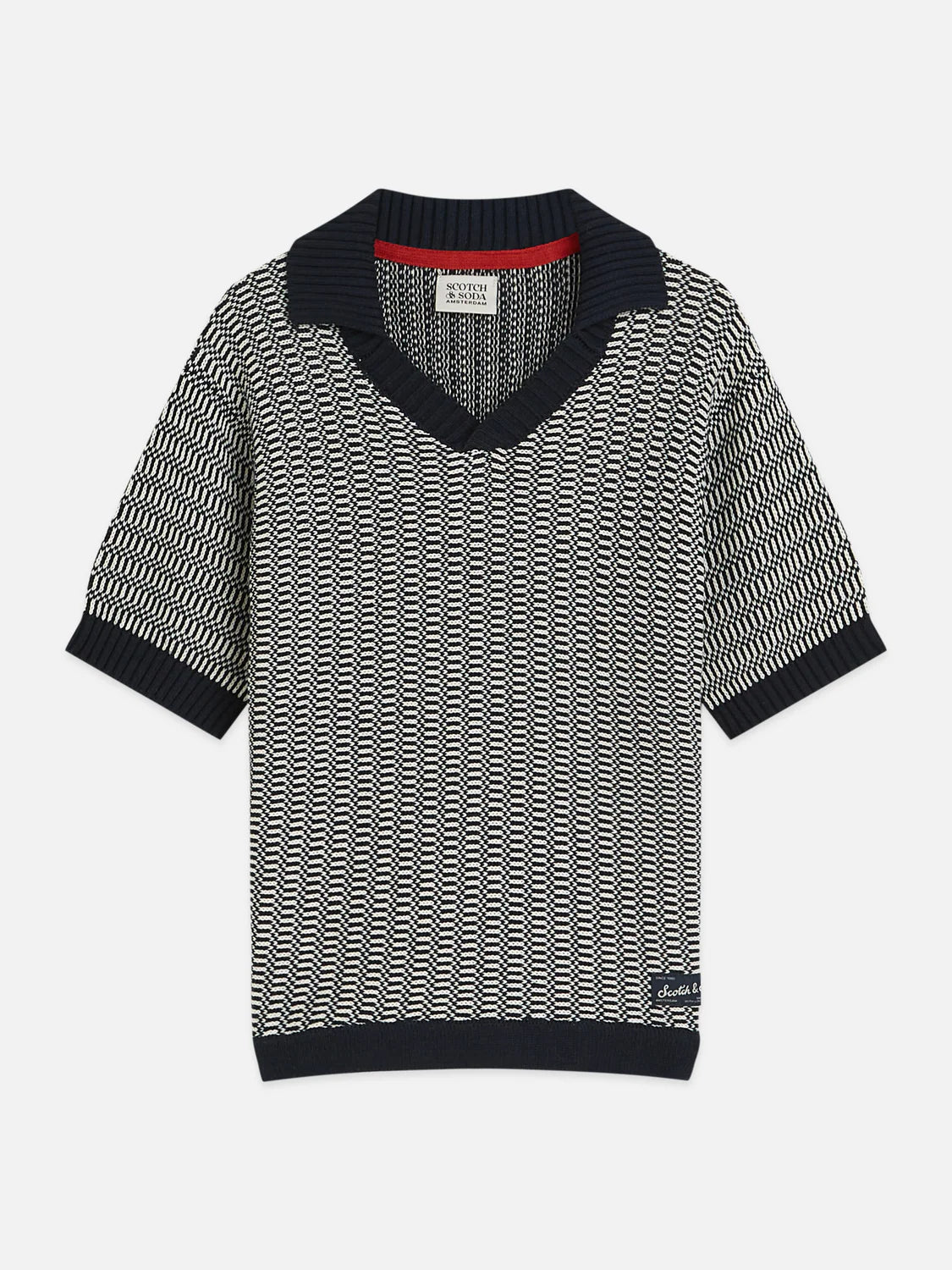 Relaxed fit knitted short-sleeve polo in eggnog and carbon stripe by Scotch & Soda