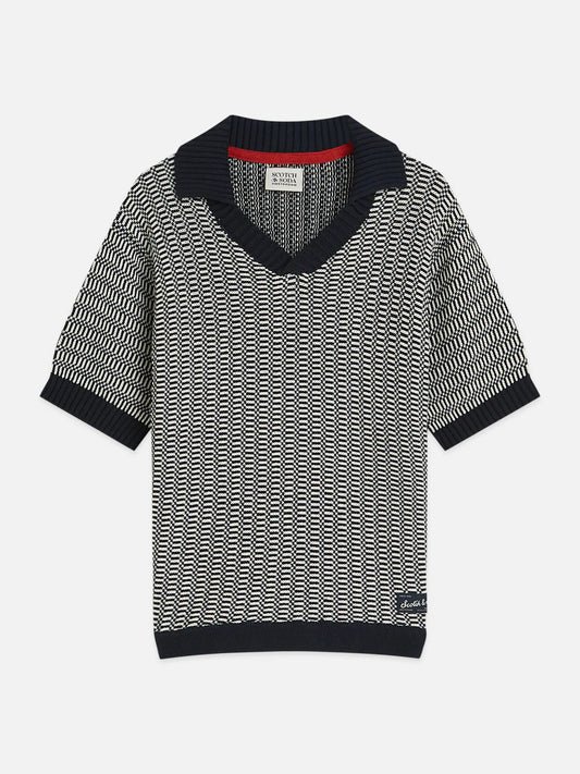 Relaxed Fit Knitted SS Polo-Eggnog/Carbbon Stripe