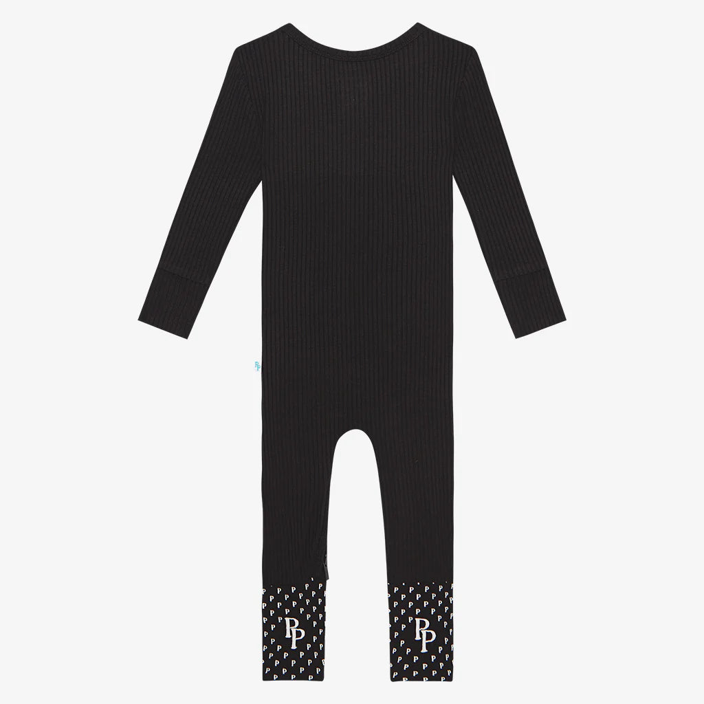Solid Ribbed Black Convertible One-Piece by Posh Peanut with 2-way zipper and convertible mittens and footies