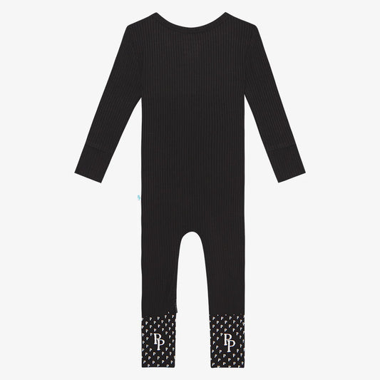 Solid Ribbed Black Convertible One-Piece by Posh Peanut with 2-way zipper and convertible mittens and footies