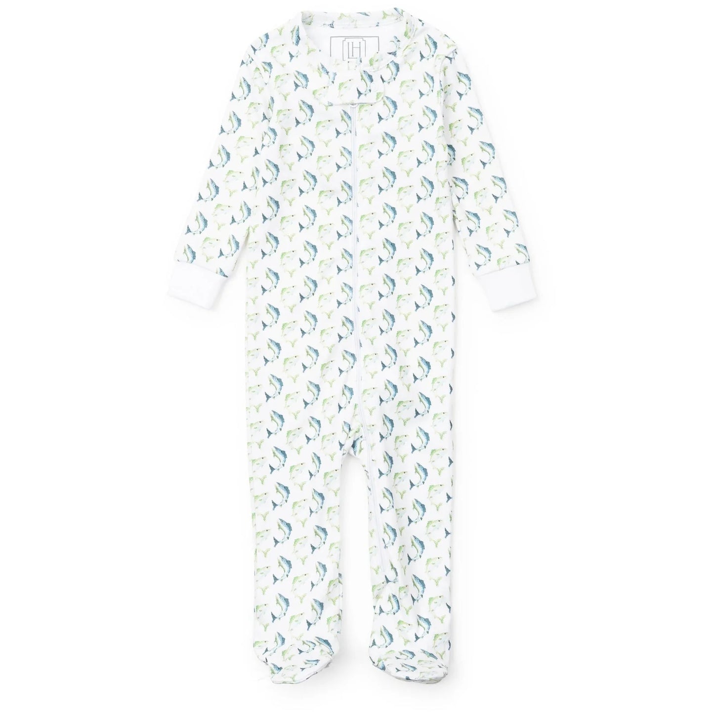 Jumping Trout Zipper Footie by Lila & Hayes in long-sleeved pima cotton with piping detail