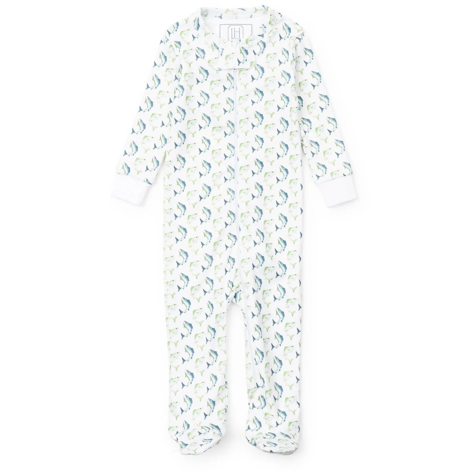 Jumping Trout Zipper Footie by Lila & Hayes in long-sleeved pima cotton with piping detail