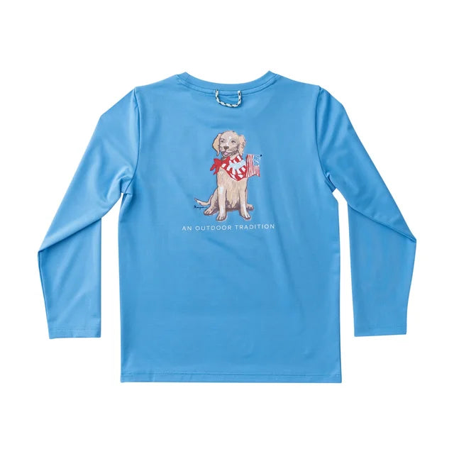 Marina blue long-sleeve performance tee with custom hand-painted golden retriever on back