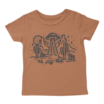 Wild West Encounter Tee in brick by Tiny Whales, featuring hand-drawn UFO and desert landscape design