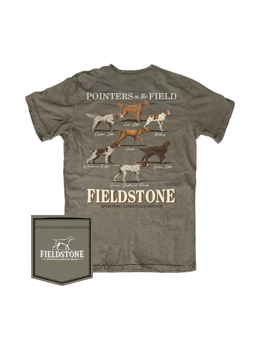 Fieldstone Pointers Tee in neutral tone, 100% ringspun cotton with understated graphic detail