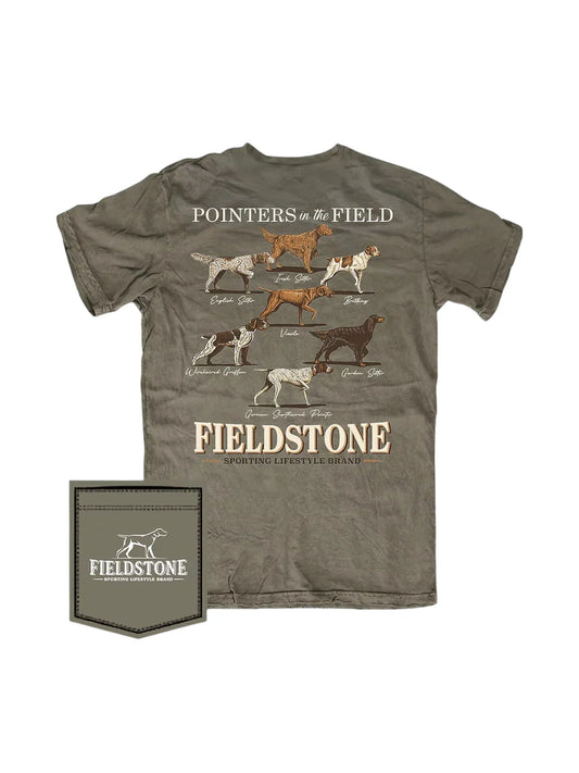 Fieldstone Pointers Tee in neutral tone, 100% ringspun cotton with understated graphic detail
