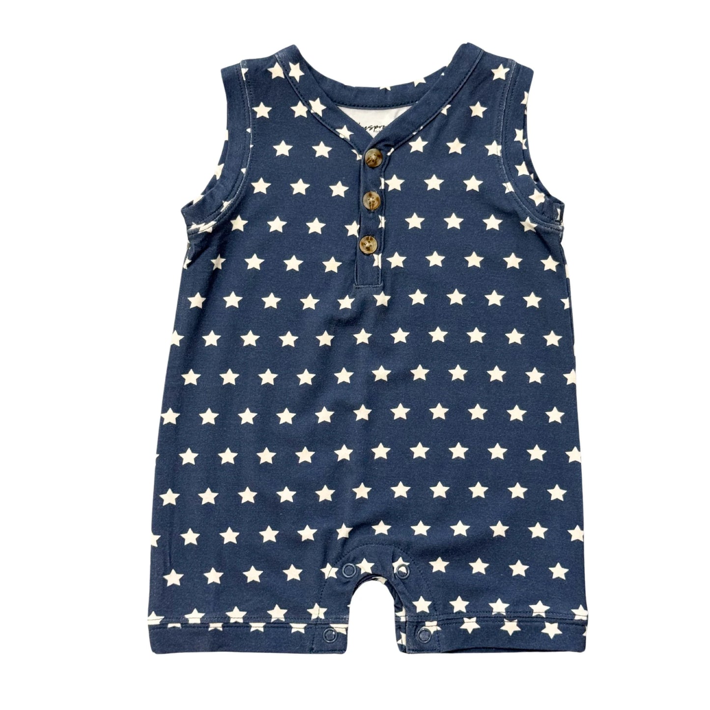 Baby Sprouts Sleeveless Romper in American Stars print, bamboo viscose fabric, snap closures