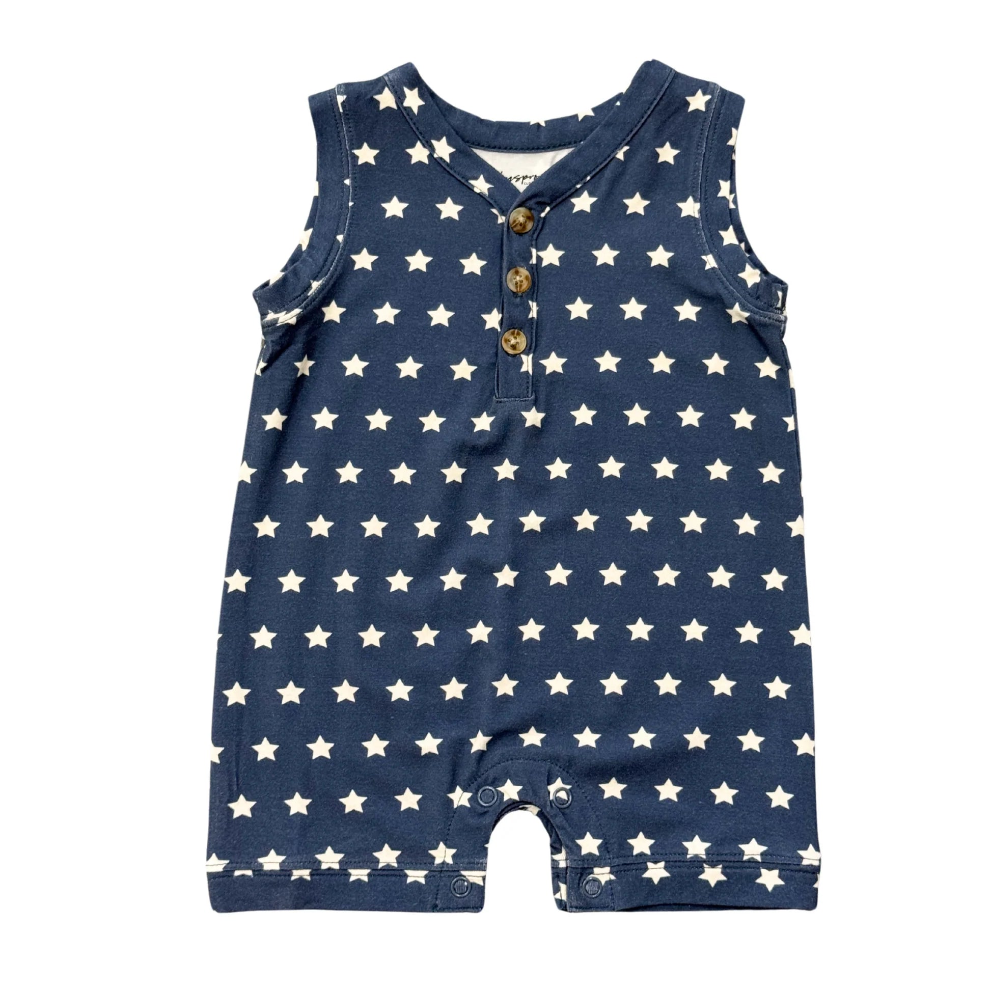 Baby Sprouts Sleeveless Romper in American Stars print, bamboo viscose fabric, snap closures