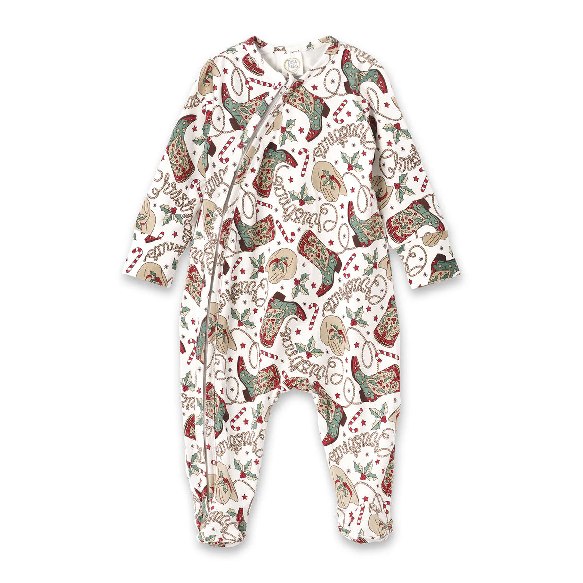 Holiday Hoedown Zipper Romper in cowboy print bamboo blend with full-length zipper by Tesa Babe