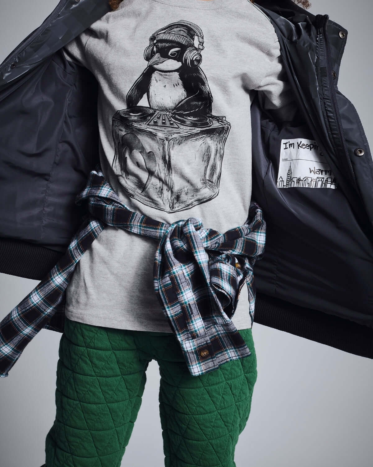 Appaman DJ Pen Guino Long Sleeve Tee in Heather Mist with penguin graphic