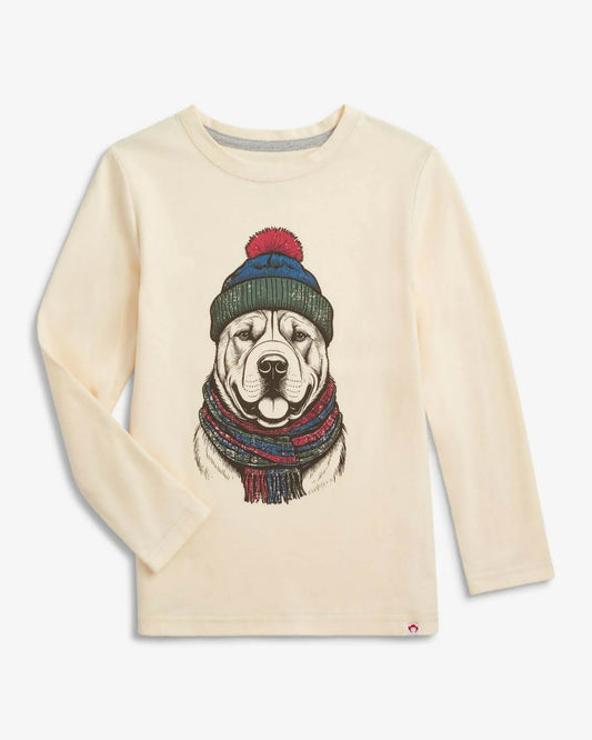 Ivory long sleeve tee with playful winter dog graphic wearing blue, green, and red hat and scarf