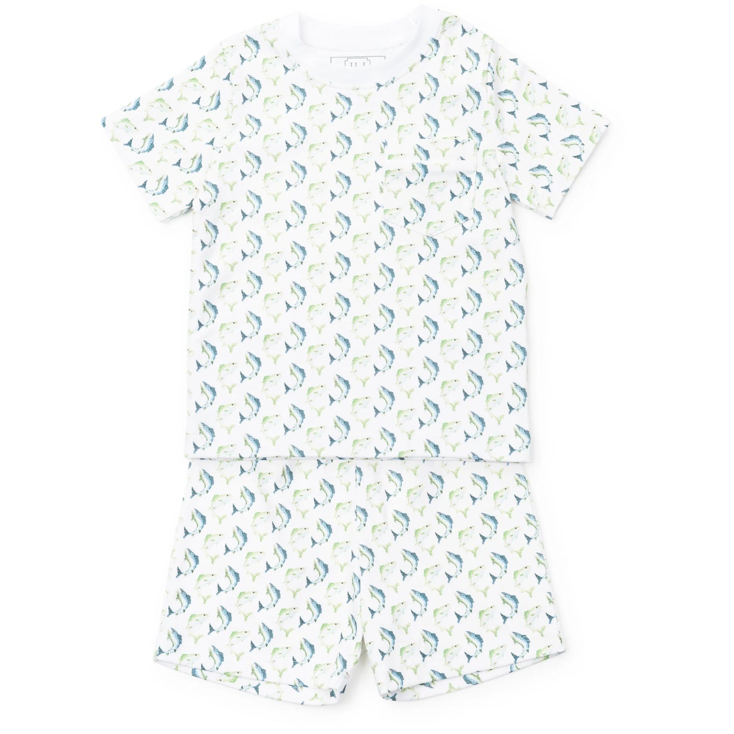 Charles boys' 2PC short set in Jumping Trout by Lila & Hayes featuring pocket tee and shorts