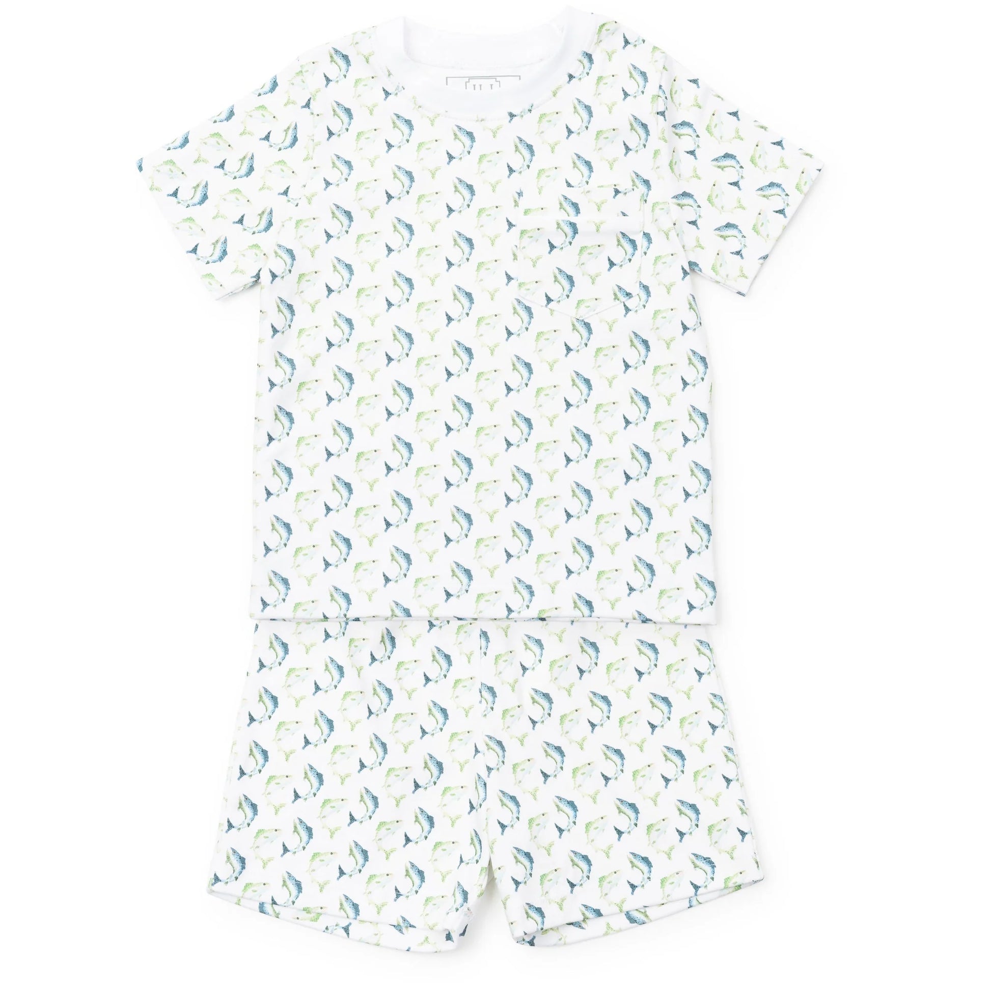 Charles boys' 2PC short set in Jumping Trout by Lila & Hayes featuring pocket tee and shorts
