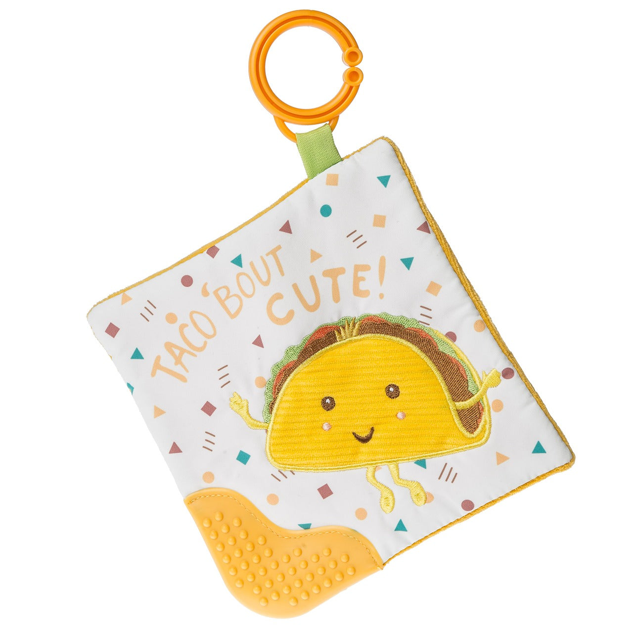 Mary Meyer Crinkle Teether with embroidered puppy, neutral pattern, soft textured fabric, and attached loop clip