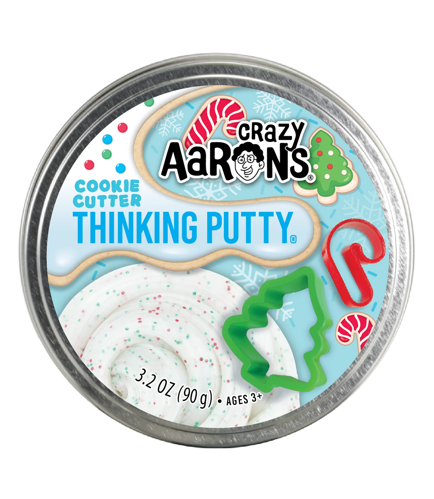 Cookie Cutter Thinking Putty in green and red glitter with two stainless steel cookie cutters