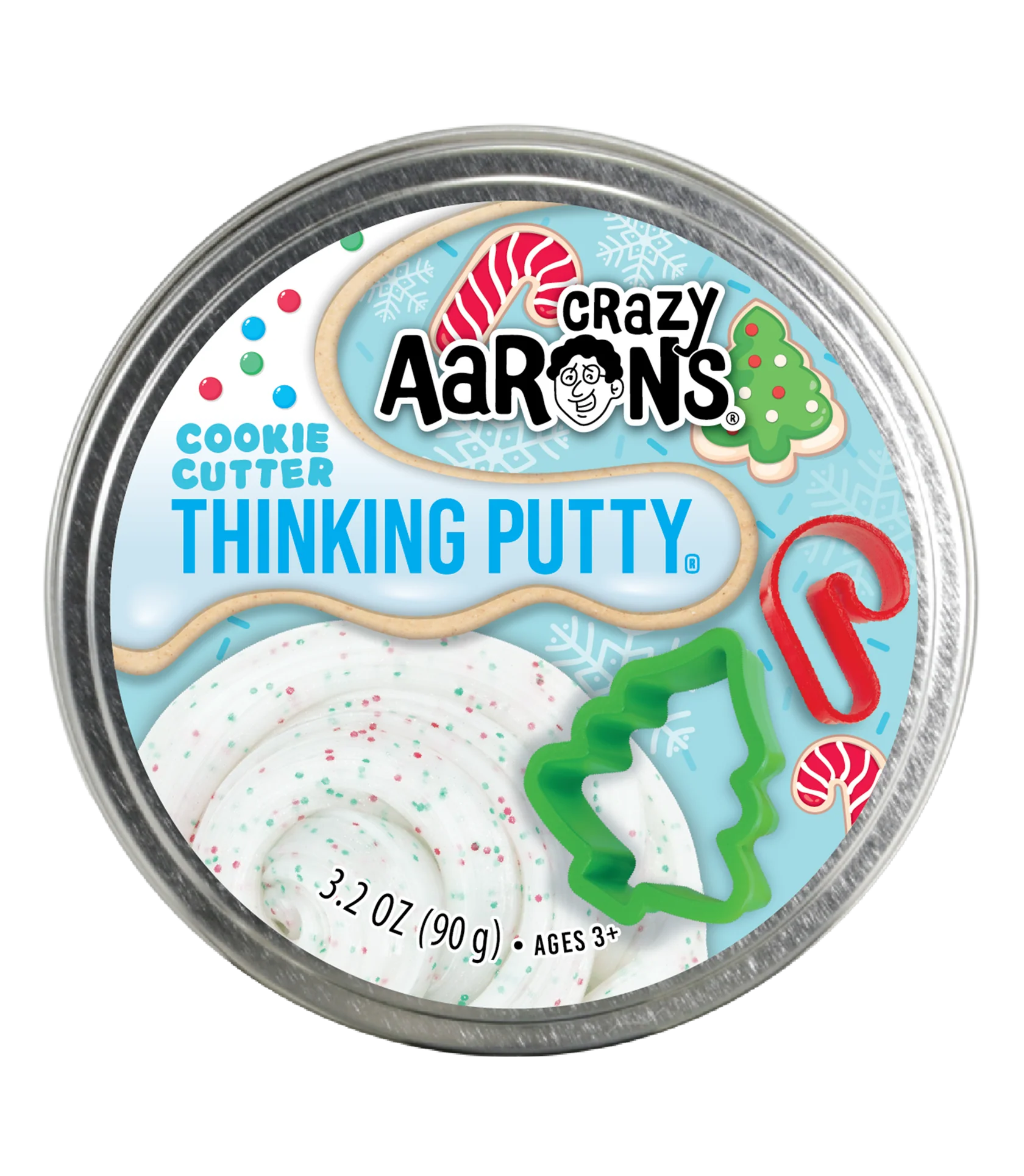 Cookie Cutter Thinking Putty in green and red glitter with two stainless steel cookie cutters