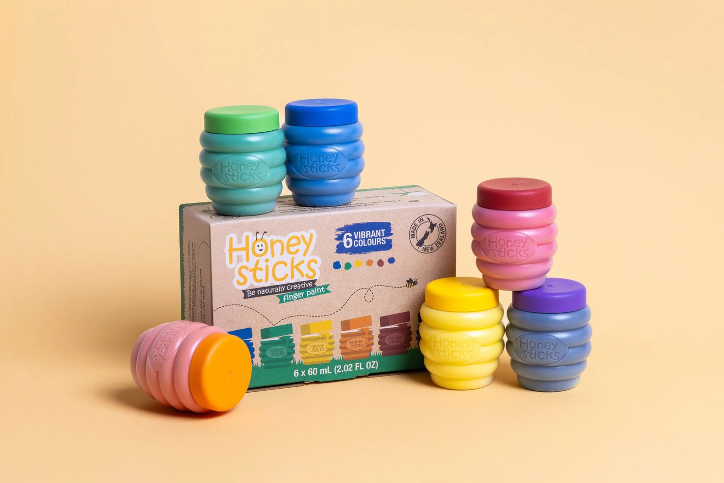 Honeysticks Finger Paints set with six 60ml bottles in vibrant colors and eco-friendly packaging