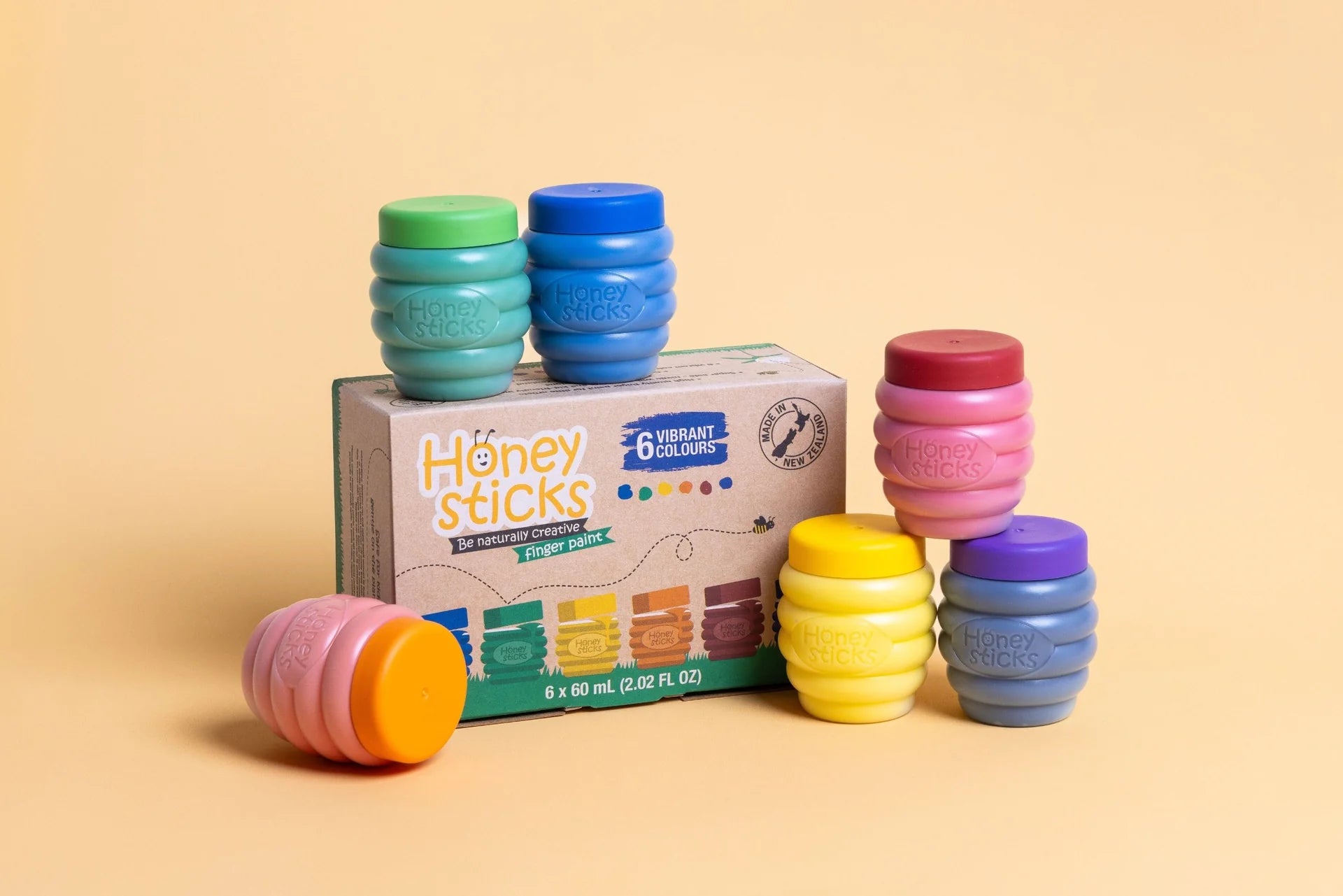 Honeysticks Finger Paints set with six 60ml bottles in vibrant colors and eco-friendly packaging