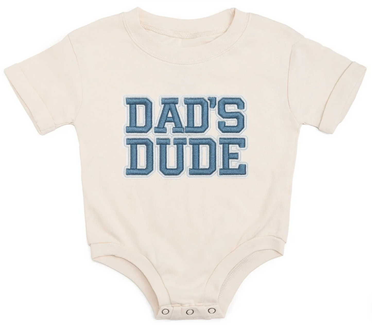 Natural cotton romper with navy embroidered dad patch and three-snap bubble design