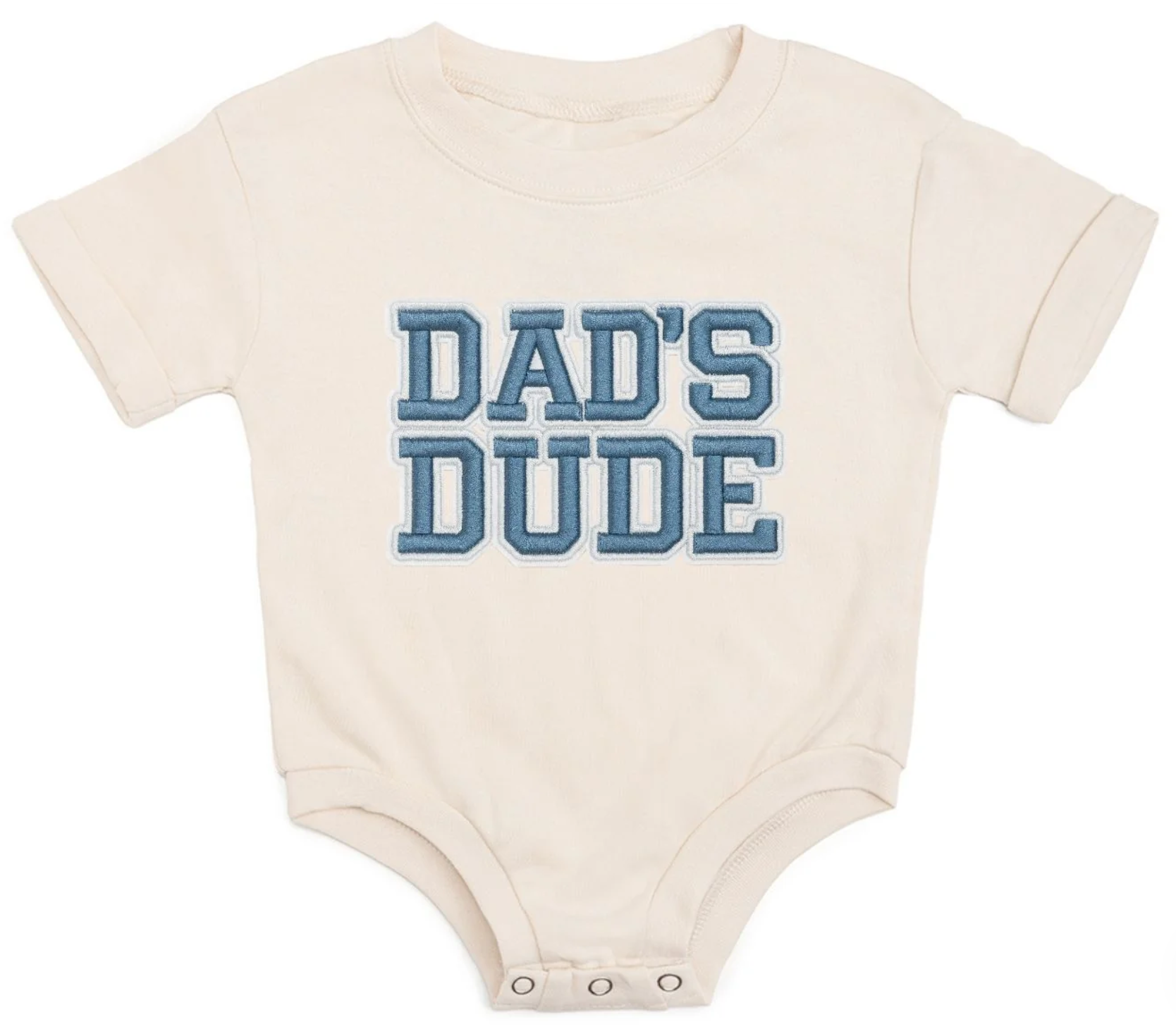 Natural cotton romper with navy embroidered dad patch and three-snap bubble design