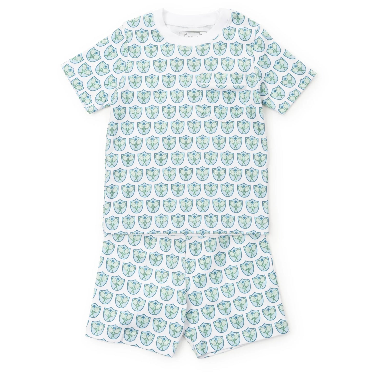 Charles Short Set in Tennis Crest Blue by Lila & Hayes—Pima cotton pocket tee and pull-on shorts.