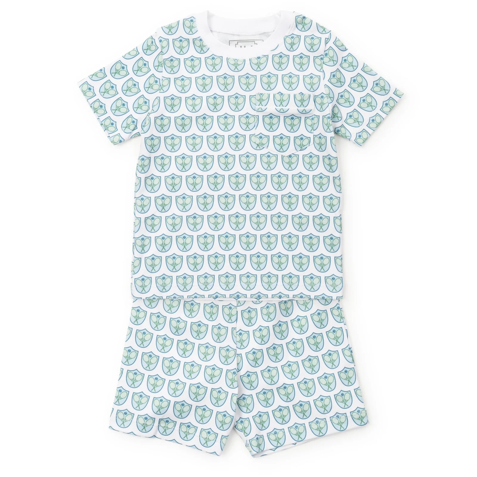 Charles Short Set in Tennis Crest Blue by Lila & Hayes—Pima cotton pocket tee and pull-on shorts.