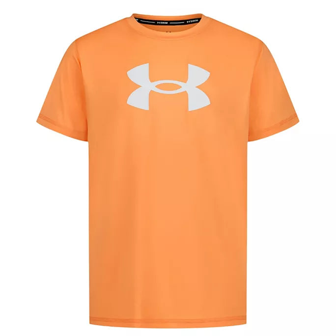 Under Armour swim shirt in orange bloc, front view