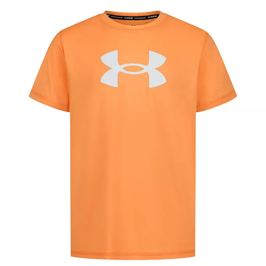 Under Armour swim shirt in orange bloc, front view