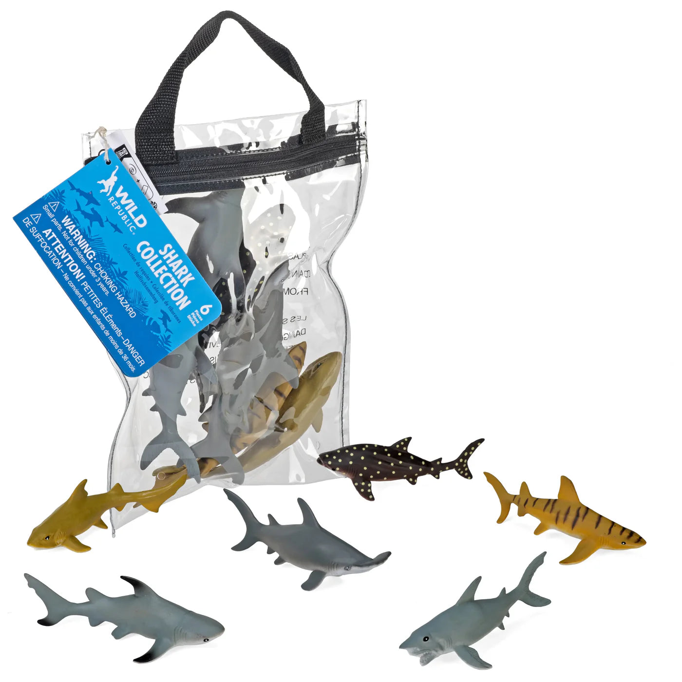 Wild Republic Polybag Zip Shark educational toy figure set with multiple realistic shark species