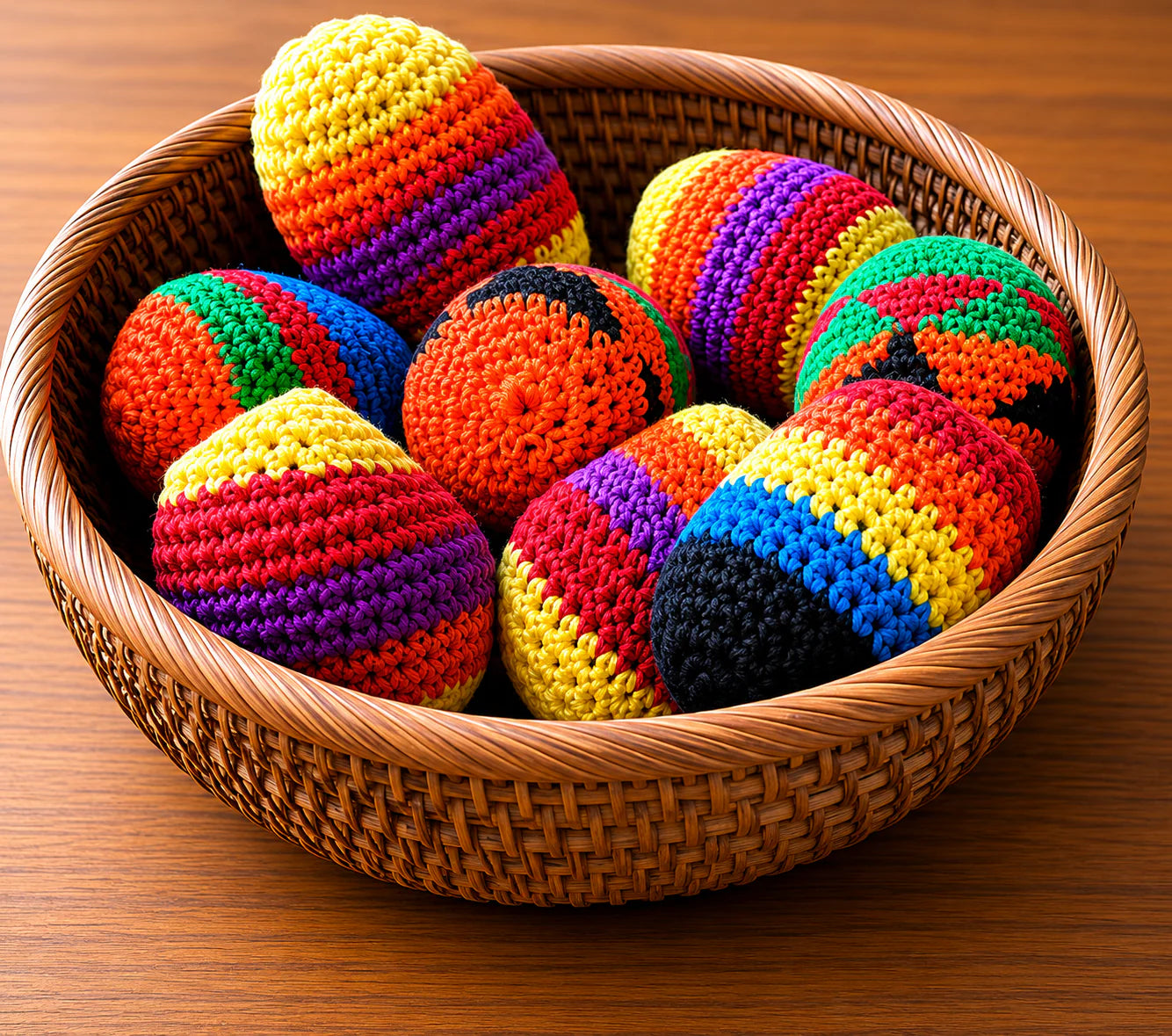 Assorted-color hand-knit Feelzies Hacky Sack with soft crochet exterior, weighted for coordinated play