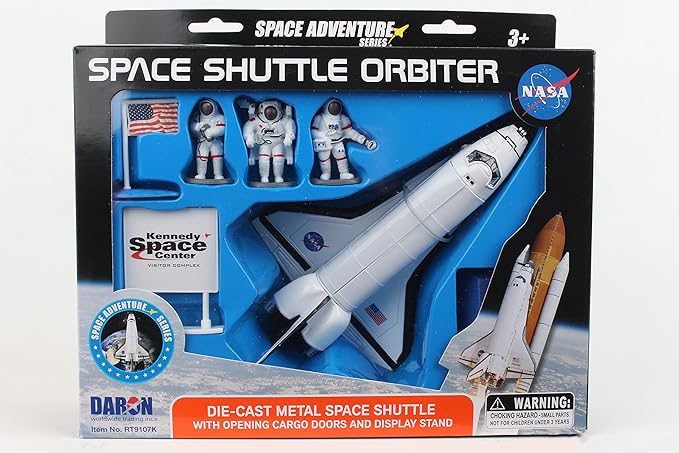 Daron Space Shuttle Orbiter 7-piece activity set with shuttle, stand, astronauts, and Kennedy Space Center sign.