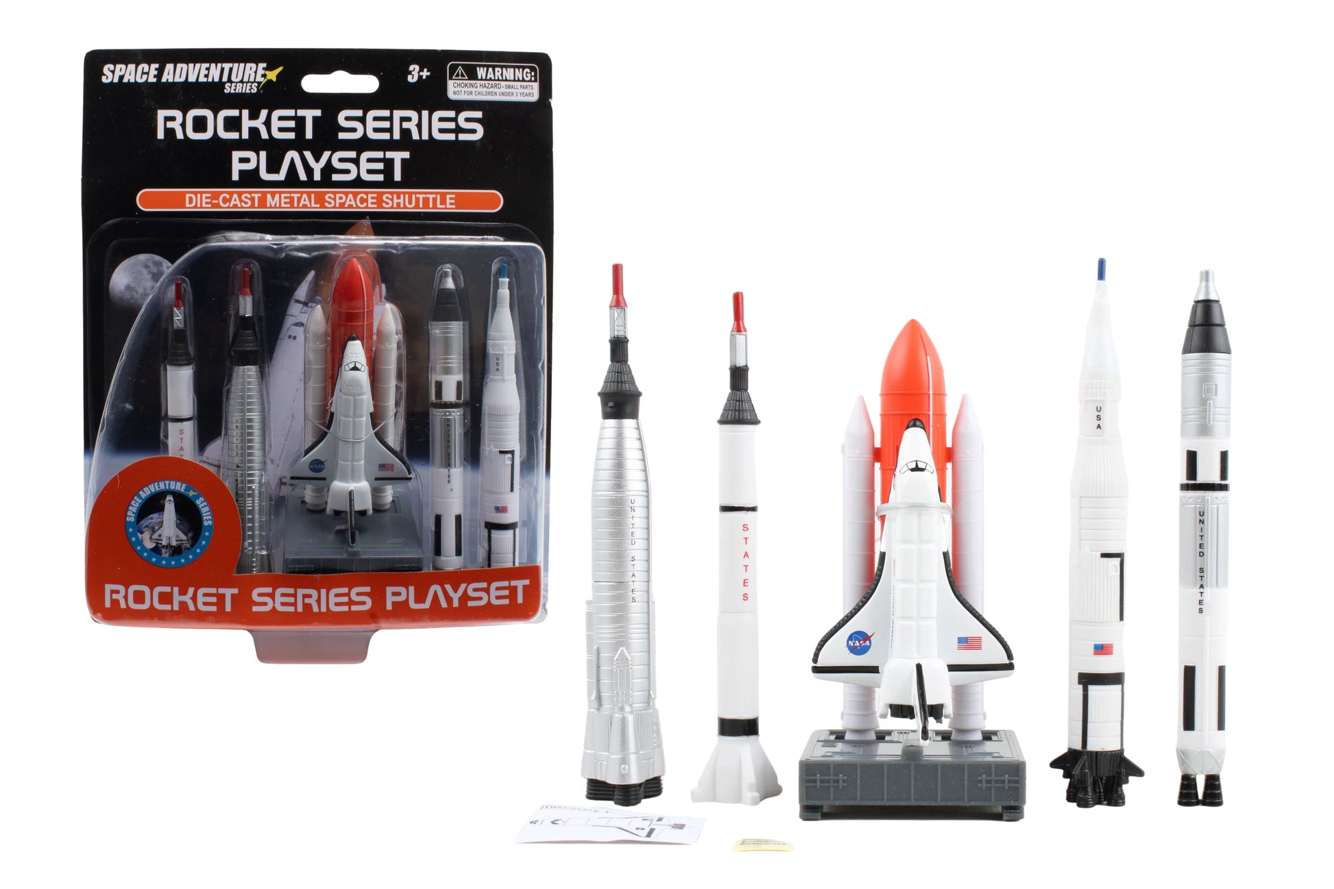 Five die-cast metal and plastic NASA spacecraft replicas: Mercury Redstone, Mercury Atlas, Gemini Titan, Apollo Saturn V, Spa