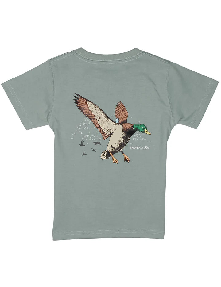 Mallard Flight Pocket T-Shirt in Fog by Properly Tied—100% Pima cotton with hand-drawn duck graphic
