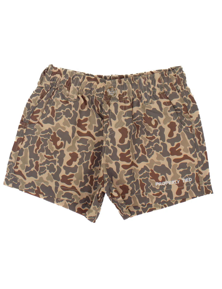 Properly Tied Mallard Shorts in Vintage Camo, elastic waistband boys' shorts