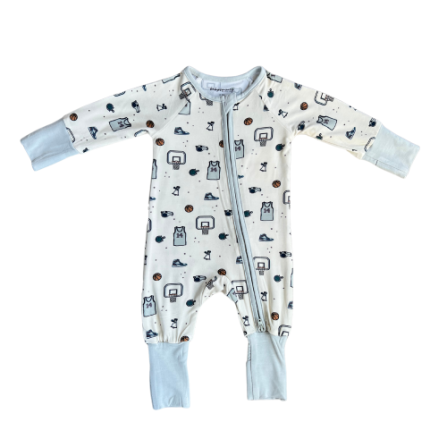 Gray and green footless romper by Baby Sprouts with snap closures