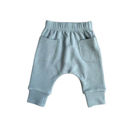 Baby Sprouts pocket pants in Storm—neutral-toned baby and toddler bottoms with functional pockets.