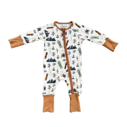 Baby Sprouts Footless Romper in Winter Ski print, bamboo jersey construction with snap closures