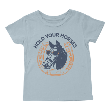 Hold your Horses short-sleeve tee in stone blue by Tiny Whales, 100% cotton